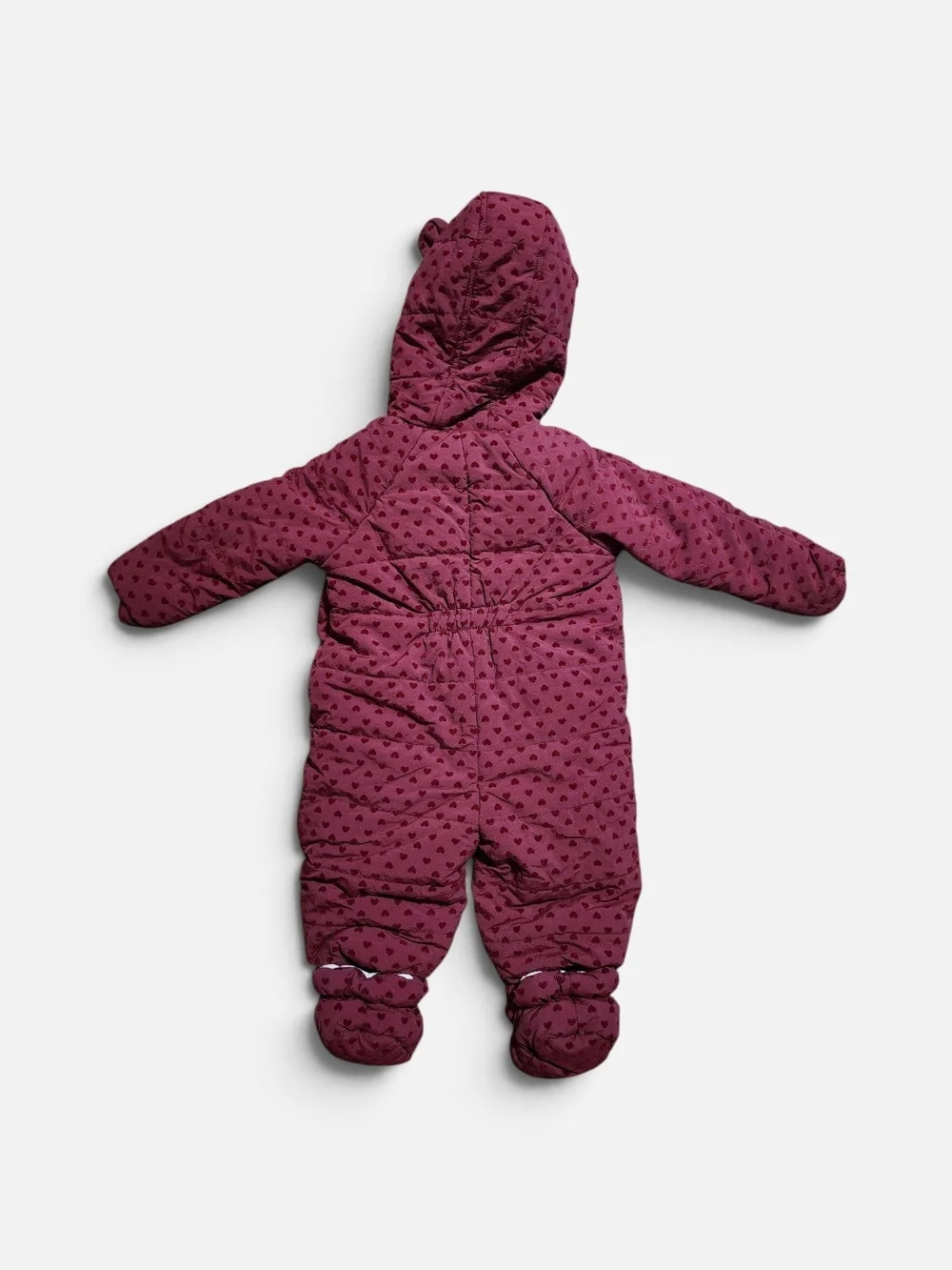 First Impressions Hooded Flocked Hearts Footed Snowsuit in scarlet wine